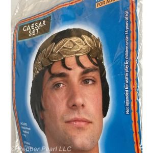 Caesar Set Black Wig Roman Wreath Headband Toga Costume Accessory New Old Stock